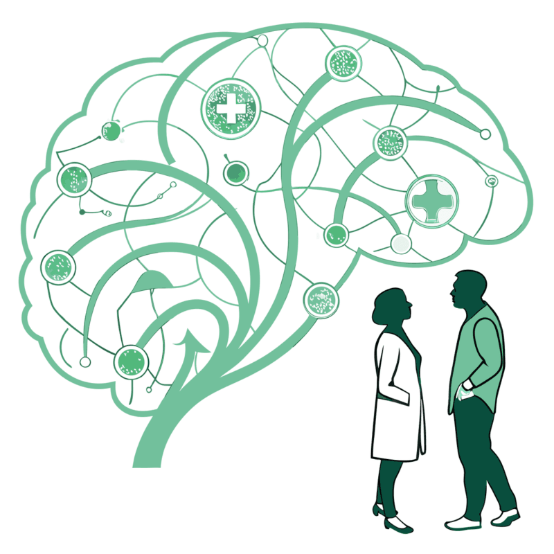 Abstract illustration showing two figures contemplating a green neurological network with interconnected medical practices, representing SovDoc's expertise in neurological rehabilitation practice mergers and acquisitions for financial planners in healthcare M&A.