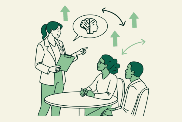 SovDoc healthcare M&A professionals collaborating around a table with brain and merger symbols, discussing neurological practice acquisitions and financial planning strategies for medical practice mergers in a modern, minimalist green illustration.