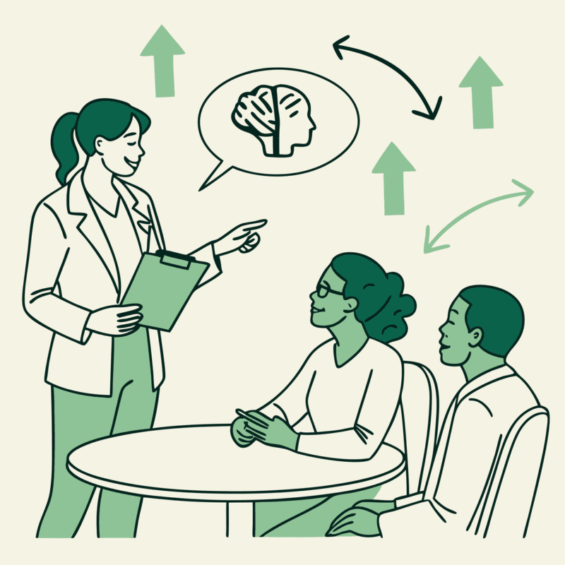 SovDoc healthcare M&A professionals collaborating around a table with brain and merger symbols, discussing neurological practice acquisitions and financial planning strategies for medical practice mergers in a modern, minimalist green illustration.