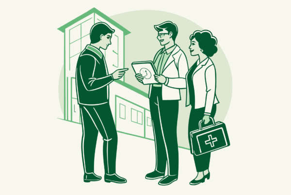 Stylized illustration showing medical advisor and financial planners discussing oncology practice M&A strategies with data trends - SovDoc healthcare M&A specialists for oncology practice mergers and acquisitions.