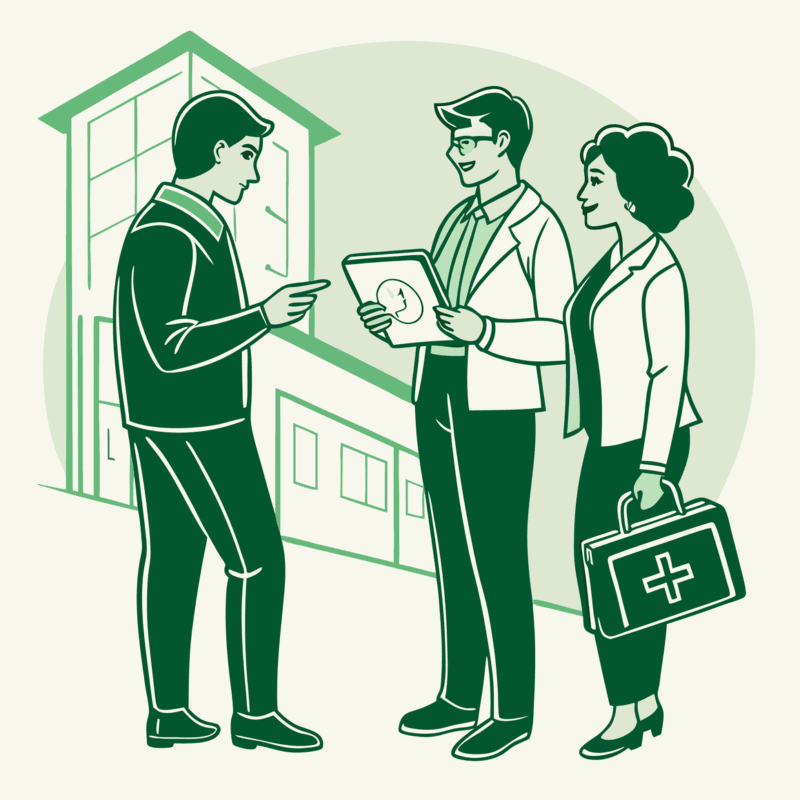 Stylized illustration showing medical advisor and financial planners discussing oncology practice M&A strategies with data trends - SovDoc healthcare M&A specialists for oncology practice mergers and acquisitions.