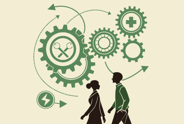 Abstract illustration showing interconnected gears representing hospitals and orthopedic practices with strategic growth patterns, alongside silhouetted figures of an advisor and principal near an upward arrow - representing SovDoc's specialized M&A advisory services for orthopedic and musculoskeletal practice mergers and acquisitions.