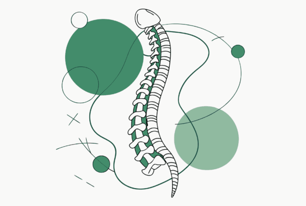 Minimalist illustration of a spine with interconnected green shapes representing orthopedic practice mergers and acquisitions. SovDoc healthcare M&A advisory for financial planning in orthopedic and rehabilitation practice consolidation.
