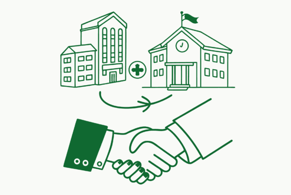 Stylized green and off-white handshake illustration representing healthcare M&A for physical therapy practices. SovDoc's advisor roundup helps financial planners navigate outpatient practice mergers and acquisitions.