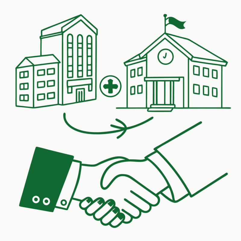 Stylized green and off-white handshake illustration representing healthcare M&A for physical therapy practices. SovDoc's advisor roundup helps financial planners navigate outpatient practice mergers and acquisitions.