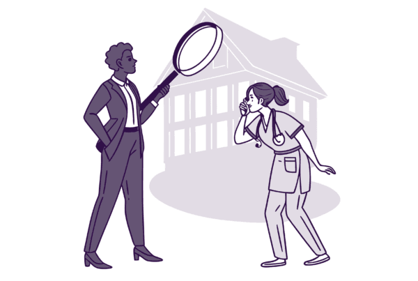 Illustration showing a financial planner and surgeon collaborating on medical practice mergers, symbolizing SovDoc's expertise in plastic surgery M&A and healthcare practice valuation services.