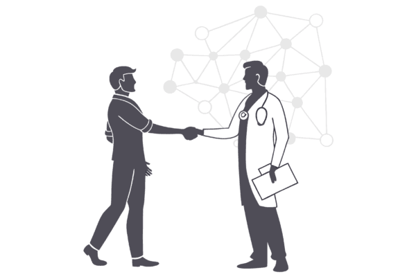 Financial planner and radiology practice owner shaking hands against a background of interconnected data networks and subtle medical imaging elements - representing SovDoc's healthcare M&A advisory services for radiology practice mergers and acquisitions.