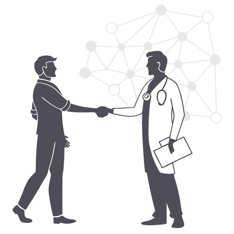 Financial planner and radiology practice owner shaking hands against a background of interconnected data networks and subtle medical imaging elements - representing SovDoc's healthcare M&A advisory services for radiology practice mergers and acquisitions.