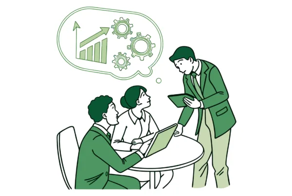 Stylized illustration of financial planners discussing sports medicine practice M&A strategies, with data visualization and collaborative planning - SovDoc healthcare mergers and acquisitions advisory services for medical practices specializing in sports medicine and performance therapy.