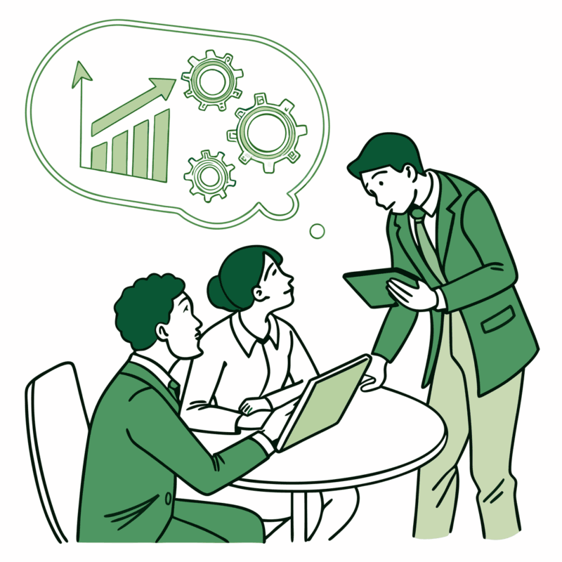 Stylized illustration of financial planners discussing sports medicine practice M&A strategies, with data visualization and collaborative planning - SovDoc healthcare mergers and acquisitions advisory services for medical practices specializing in sports medicine and performance therapy.
