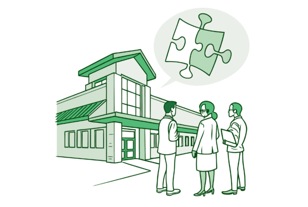 Stylized urgent care clinic illustration with green puzzle piece representing healthcare mergers and acquisitions, showing business professionals discussing M&A strategies - SovDoc healthcare M&A advisory services for urgent care practice financial planning