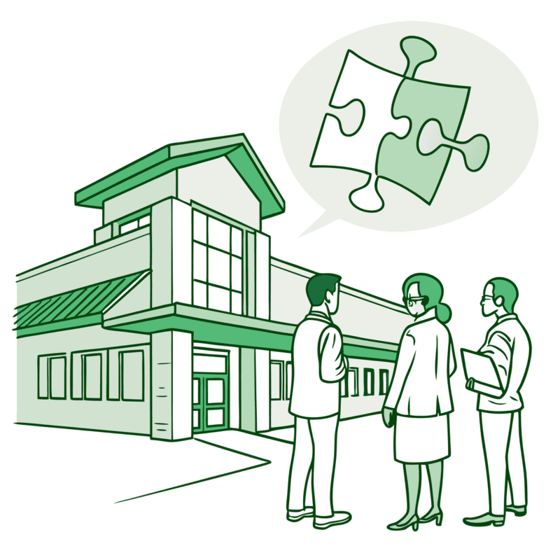 Stylized urgent care clinic illustration with green puzzle piece representing healthcare mergers and acquisitions, showing business professionals discussing M&A strategies - SovDoc healthcare M&A advisory services for urgent care practice financial planning