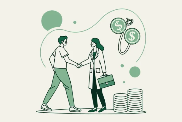 Illustration of a financial planner and healthcare professional shaking hands with abstract urology and financial elements in the background, representing SovDoc's expertise in financial planning and M&A advisory for urology practice mergers and acquisitions.