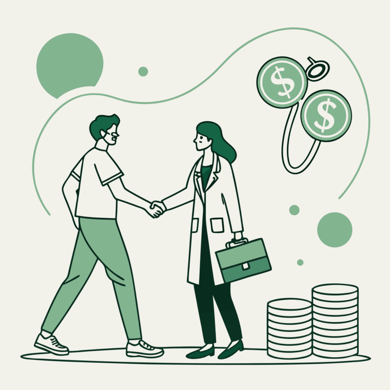Illustration of a financial planner and healthcare professional shaking hands with abstract urology and financial elements in the background, representing SovDoc's expertise in financial planning and M&A advisory for urology practice mergers and acquisitions.