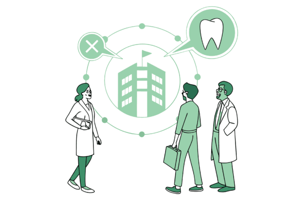 SovDoc healthcare consultants roundtable discussing dental practice mergers and acquisitions, showing diverse professionals collaborating around dental growth symbols, representing expert guidance in healthcare M&A