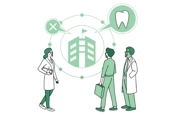 SovDoc healthcare consultants roundtable discussing dental practice mergers and acquisitions, showing diverse professionals collaborating around dental growth symbols, representing expert guidance in healthcare M&A