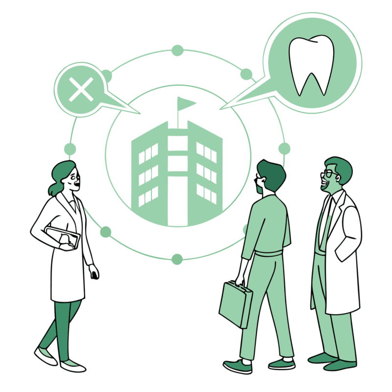 SovDoc healthcare consultants roundtable discussing dental practice mergers and acquisitions, showing diverse professionals collaborating around dental growth symbols, representing expert guidance in healthcare M&A