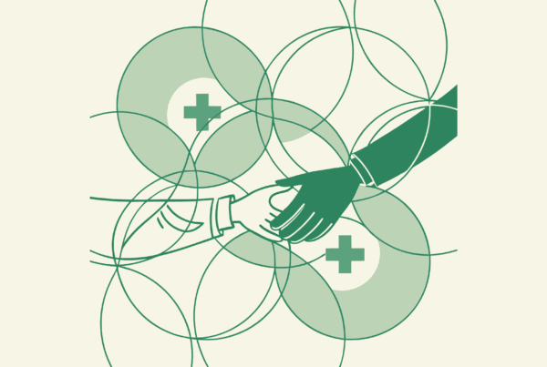 Abstract illustration representing dermatology practice M&A advisory services by SovDoc - stylized medical and business elements converging with consultant figures overseeing healthcare mergers and acquisitions in the dermatology sector.