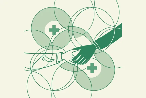 Abstract illustration representing dermatology practice M&A advisory services by SovDoc - stylized medical and business elements converging with consultant figures overseeing healthcare mergers and acquisitions in the dermatology sector.