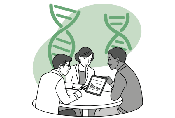Three healthcare consultants review financial data on tablets around a circular table with abstract ENT and DNA imagery in background, representing SovDOC's specialized advisory services for ENT medical practice mergers and acquisitions.