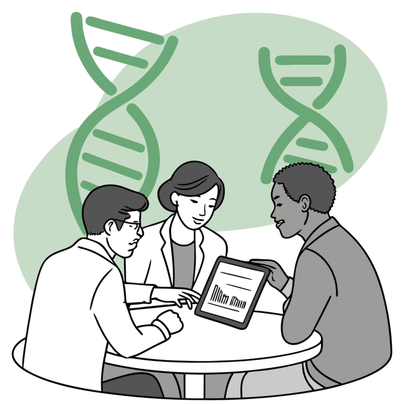 Three healthcare consultants review financial data on tablets around a circular table with abstract ENT and DNA imagery in background, representing SovDOC's specialized advisory services for ENT medical practice mergers and acquisitions.