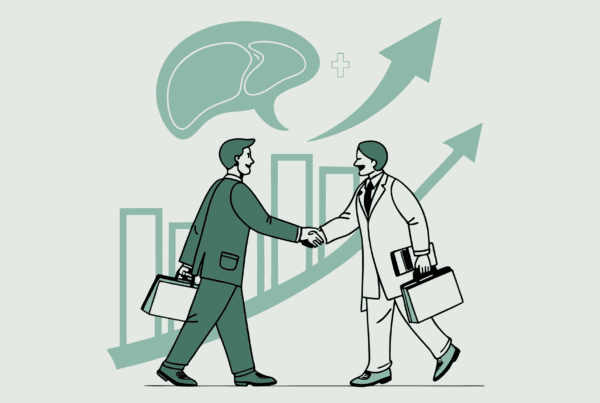 Healthcare consultants shaking hands over stylized liver and intestines graphic, representing GI & Hepatology practice mergers and acquisitions services by SovDoc, a specialized healthcare M&A firm.