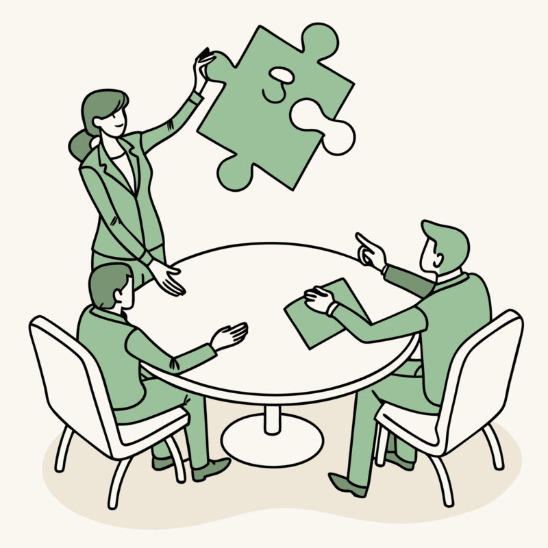Healthcare consultants collaborating at a conference table with corporate and medical symbols, representing SovDoc's expertise in Interventional Pain practice mergers and acquisitions advisory services.