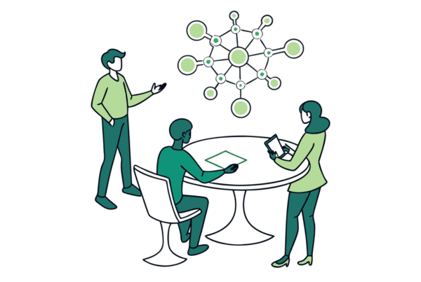 Stylized business consultants discuss med spa mergers and acquisitions strategy around a table with network visualization - SovDoc healthcare M&A advisory services for medical practice transactions