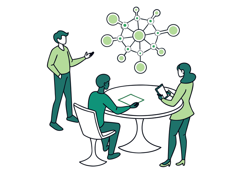 Stylized business consultants discuss med spa mergers and acquisitions strategy around a table with network visualization - SovDoc healthcare M&A advisory services for medical practice transactions
