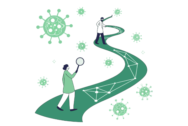 Illustration of a kidney-shaped path leading to an interconnected network, representing nephrology practice mergers and acquisitions guidance by SovDoc healthcare M&A advisors.