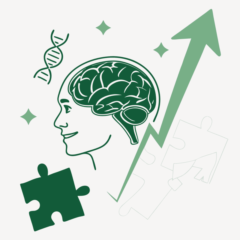 Stylized green brain with puzzle pieces illustration representing healthcare M&A consultations for neurological rehabilitation practices - SovDoc healthcare merger and acquisition advisory services for medical practice integration