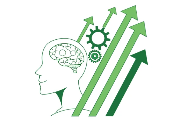 Abstract illustration of green arrows pointing upward to a brain silhouette with integrated gears and buildings - representing SovDoc's healthcare M&A advisory services for Neurology practice mergers and acquisitions, where business growth meets specialized medical expertise.