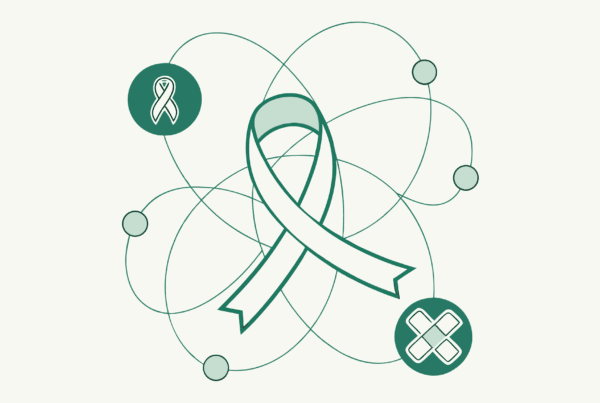 Minimalist illustration representing oncology practice acquisitions and mergers - shows interconnected healthcare entities with a central DNA-like ribbon, symbolizing SovDoc's strategic approach to oncology M&A transactions in healthcare consulting.