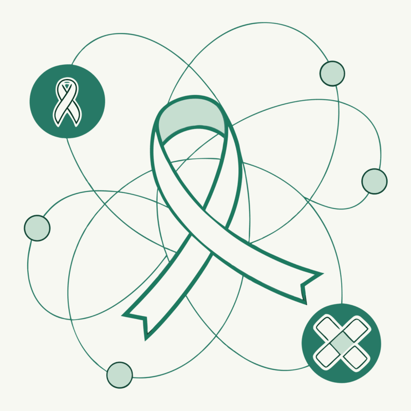Minimalist illustration representing oncology practice acquisitions and mergers - shows interconnected healthcare entities with a central DNA-like ribbon, symbolizing SovDoc's strategic approach to oncology M&A transactions in healthcare consulting.