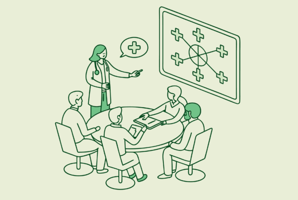 Stylized illustration of healthcare consultants discussing orthopedic and MSK practice mergers and acquisitions around a conference table with medical and financial projections - SovDoc healthcare M&A advisors roundtable