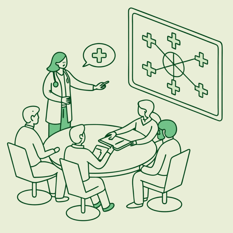 Stylized illustration of healthcare consultants discussing orthopedic and MSK practice mergers and acquisitions around a conference table with medical and financial projections - SovDoc healthcare M&A advisors roundtable
