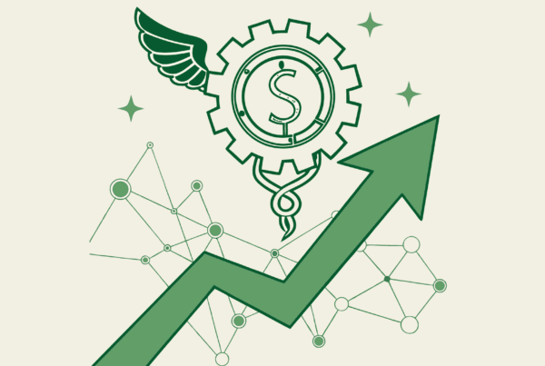Abstract illustration representing healthcare mergers and acquisitions in orthopedic and post-surgical rehabilitation practices. Features an upward arrow and gear symbol with medical caduceus integrated in a network design. SovDoc healthcare M&A advisory services for medical practice transitions.