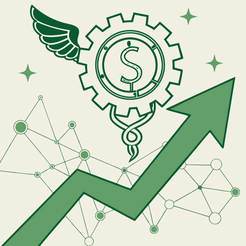 Abstract illustration representing healthcare mergers and acquisitions in orthopedic and post-surgical rehabilitation practices. Features an upward arrow and gear symbol with medical caduceus integrated in a network design. SovDoc healthcare M&A advisory services for medical practice transitions.
