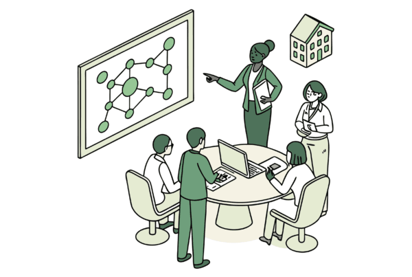 SovDoc healthcare consultants collaborating on primary care practice mergers and acquisitions strategy, analyzing network integration and facility planning for medical group consolidation.