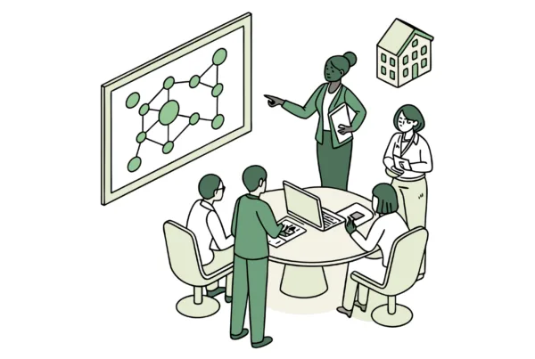 SovDoc healthcare consultants collaborating on primary care practice mergers and acquisitions strategy, analyzing network integration and facility planning for medical group consolidation.
