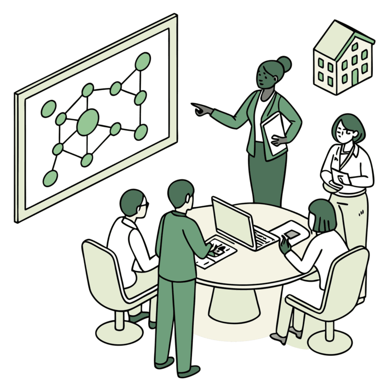 SovDoc healthcare consultants collaborating on primary care practice mergers and acquisitions strategy, analyzing network integration and facility planning for medical group consolidation.