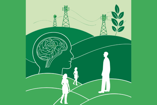 A conceptual illustration for SovDoc Healthcare M&A showing radiology practice mergers and acquisitions expertise, with consulting firms represented as interconnected structures surrounding a central hub, set against a brain-shaped landscape with subtle imaging equipment elements.
