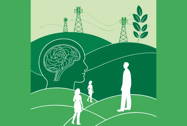 A conceptual illustration for SovDoc Healthcare M&A showing radiology practice mergers and acquisitions expertise, with consulting firms represented as interconnected structures surrounding a central hub, set against a brain-shaped landscape with subtle imaging equipment elements.
