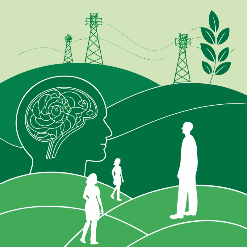 A conceptual illustration for SovDoc Healthcare M&A showing radiology practice mergers and acquisitions expertise, with consulting firms represented as interconnected structures surrounding a central hub, set against a brain-shaped landscape with subtle imaging equipment elements.