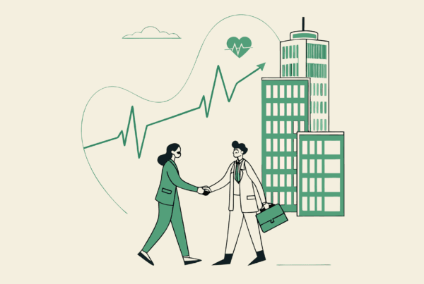 Stylized illustration of healthcare professionals shaking hands against a corporate cityscape background, representing SovDoc's advisory services for sports medicine and performance therapy practice mergers and acquisitions.