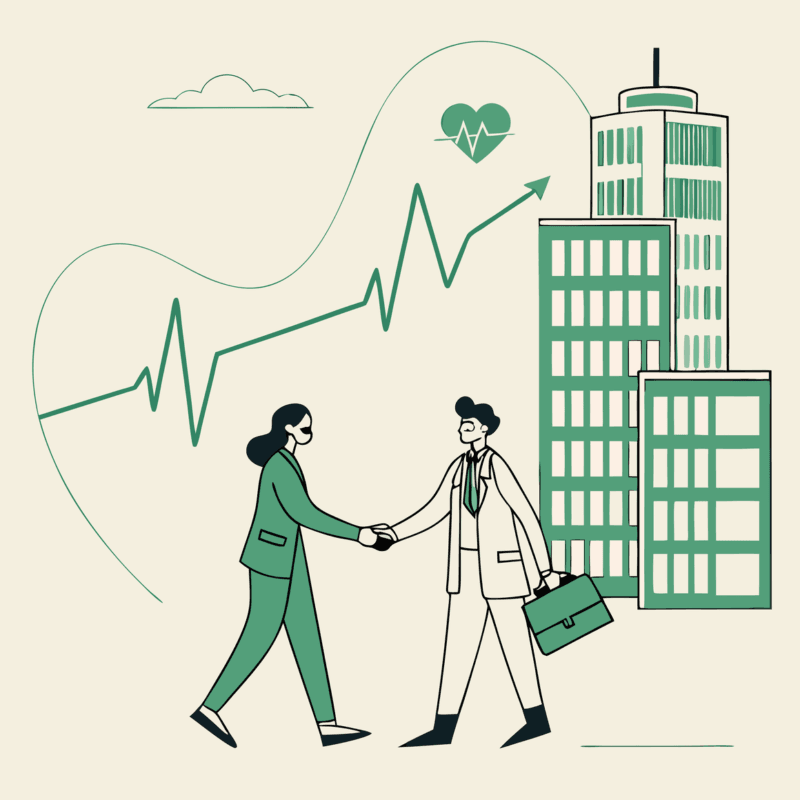 Stylized illustration of healthcare professionals shaking hands against a corporate cityscape background, representing SovDoc's advisory services for sports medicine and performance therapy practice mergers and acquisitions.