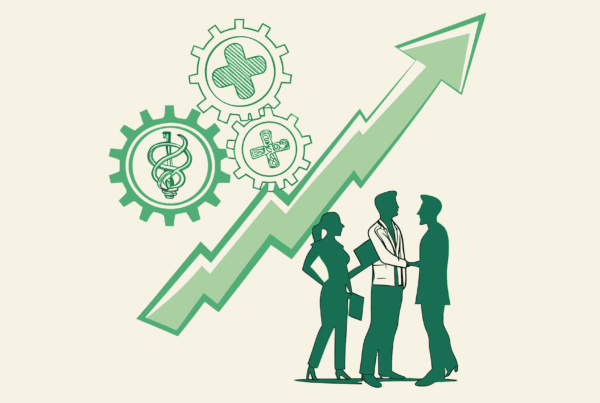 Stylized illustration of healthcare consultants collaborating on urgent care practice mergers and acquisitions. Features growth arrow and medical-business symbolism. SovDoc healthcare M&A advisory roundup for medical practice transactions.