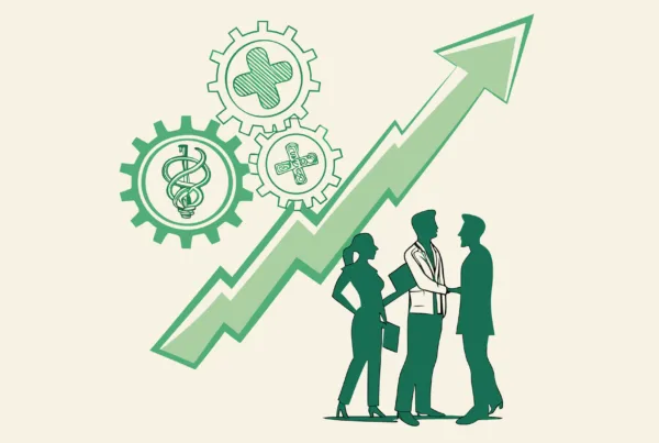 Stylized illustration of healthcare consultants collaborating on urgent care practice mergers and acquisitions. Features growth arrow and medical-business symbolism. SovDoc healthcare M&A advisory roundup for medical practice transactions.