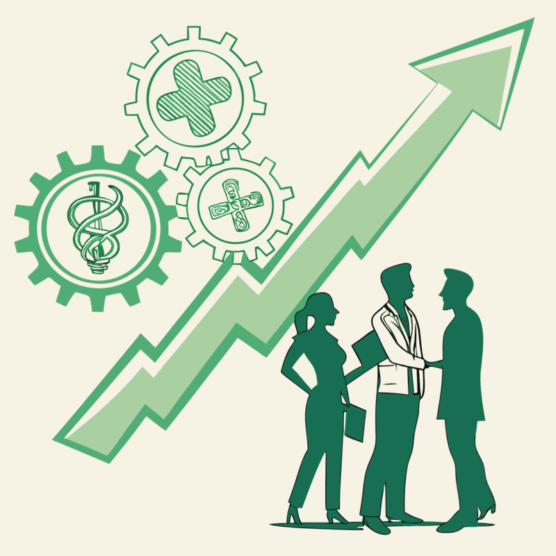 Stylized illustration of healthcare consultants collaborating on urgent care practice mergers and acquisitions. Features growth arrow and medical-business symbolism. SovDoc healthcare M&A advisory roundup for medical practice transactions.