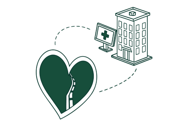 Vector illustration showing a green heart connecting two medical facility outlines with a computer monitor displaying a medical cross - representing SovDoc's IT/EHR specialist advisory services for cardiology practice mergers and acquisitions.